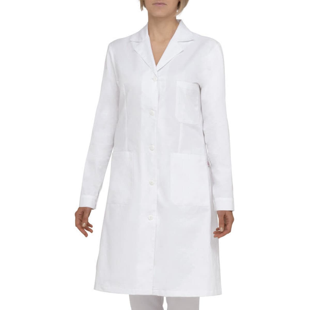 A white lab coat with a collar and long sleeves, featuring two front pockets and a button closure.