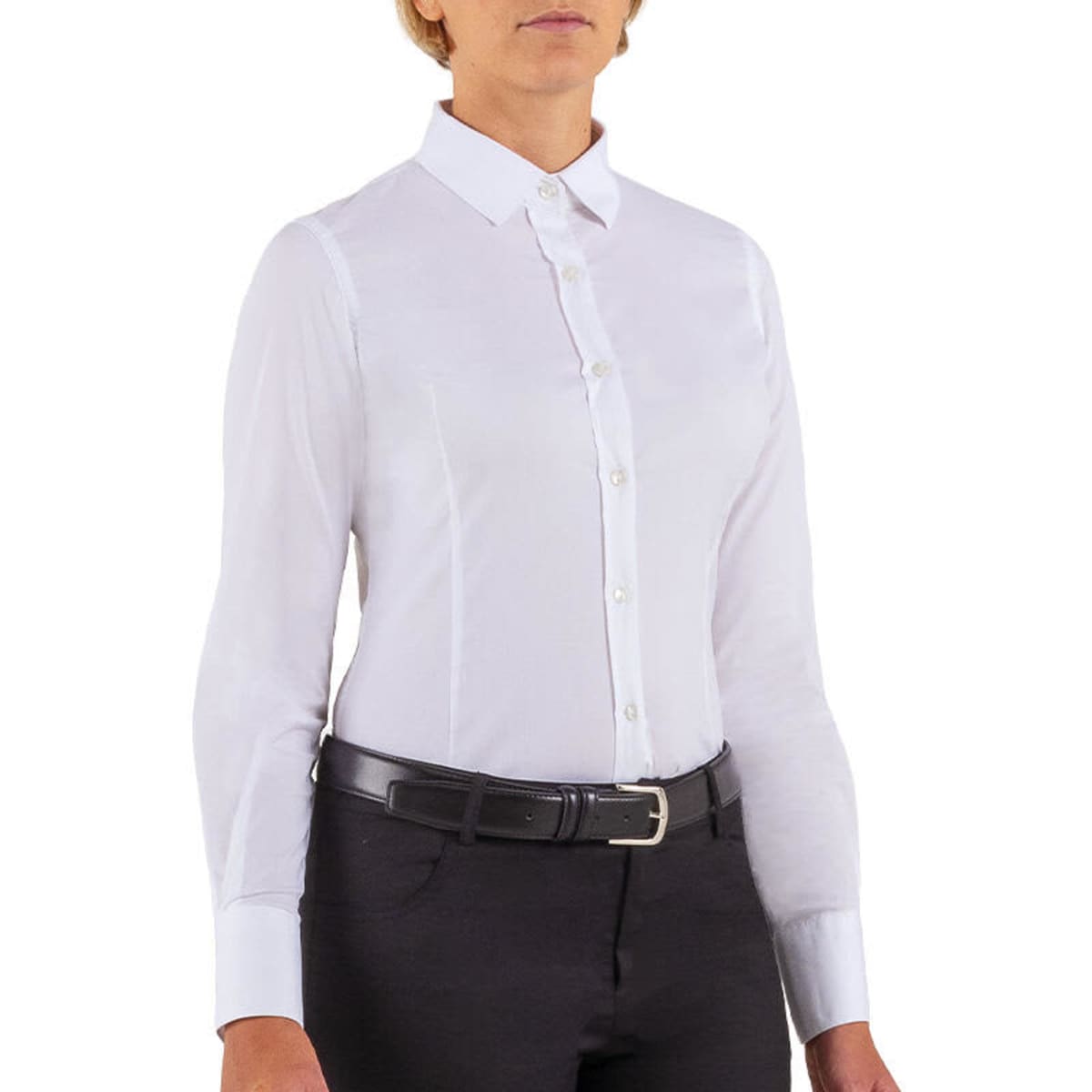 A white shirt with a collared neck and long sleeves, paired with black trousers and a belt. The shirt features a logo.