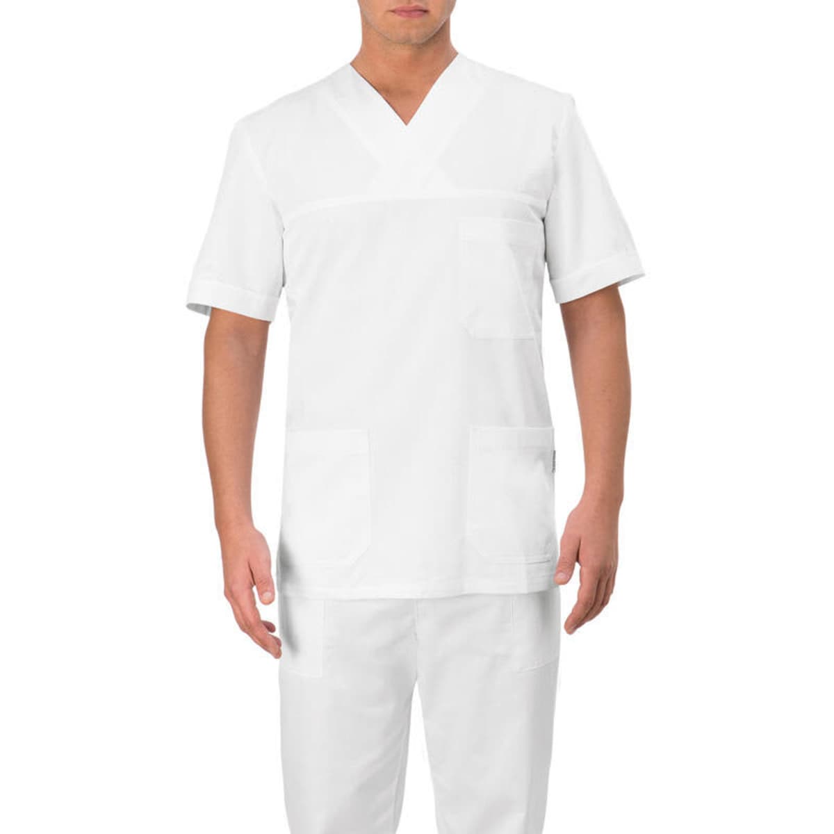 A white tunic with short sleeves, featuring two front pockets and a V-neck design. It includes a logo on the chest.