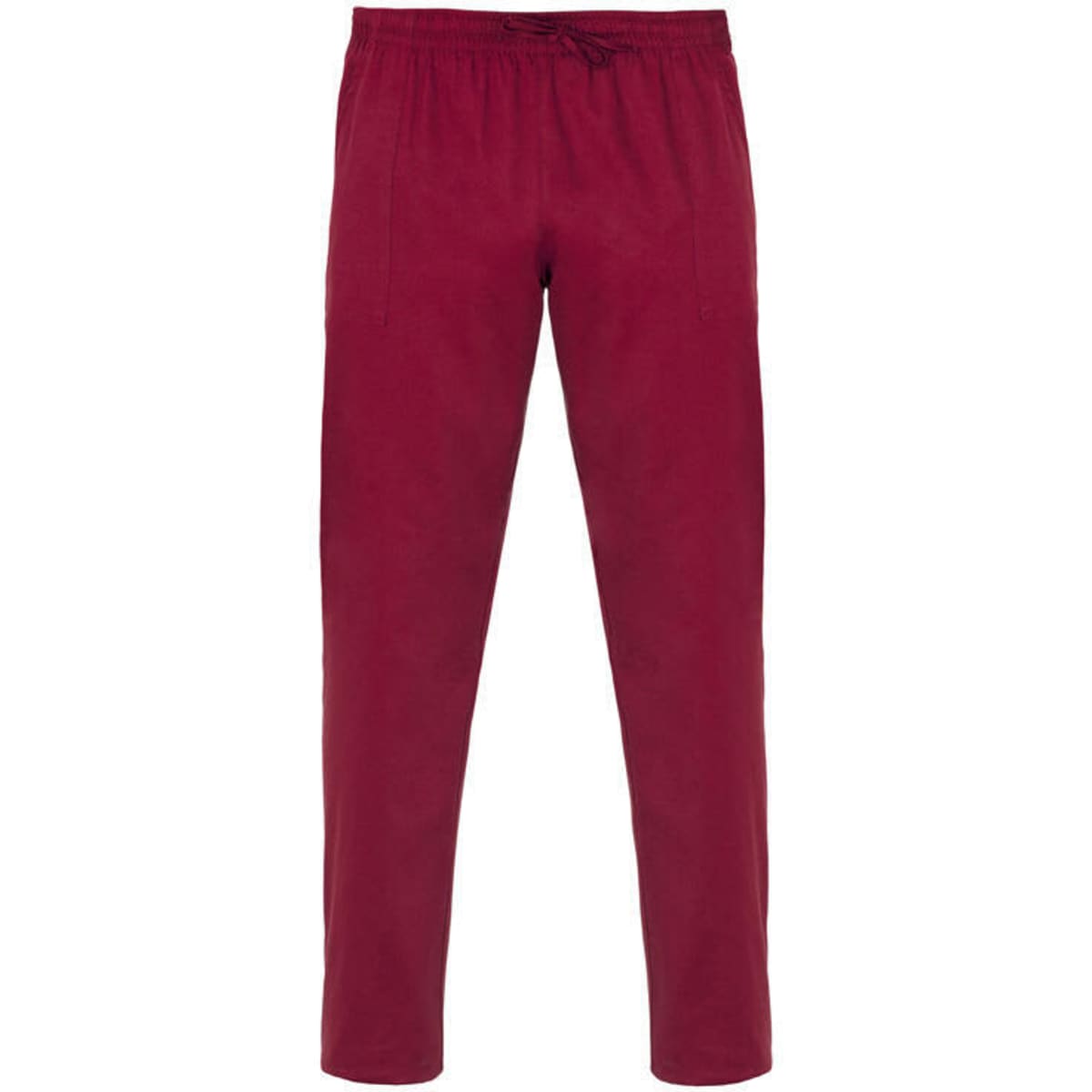 Maroon pants with an elastic waistband and drawstring, featuring side pockets. The product has a logo.