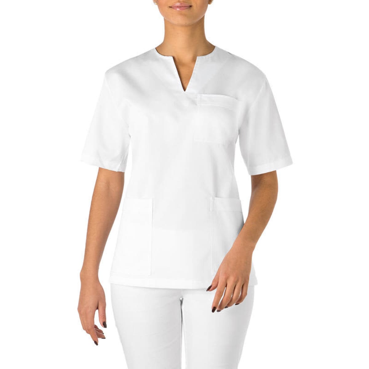 A white tunic featuring short sleeves and a pocket, designed for professional wear.