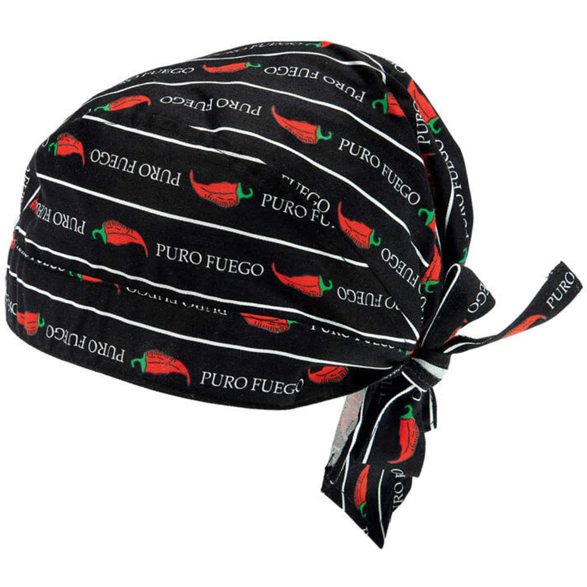 A black bandana featuring red chilli peppers and white text, tied at the back with a decorative knot.