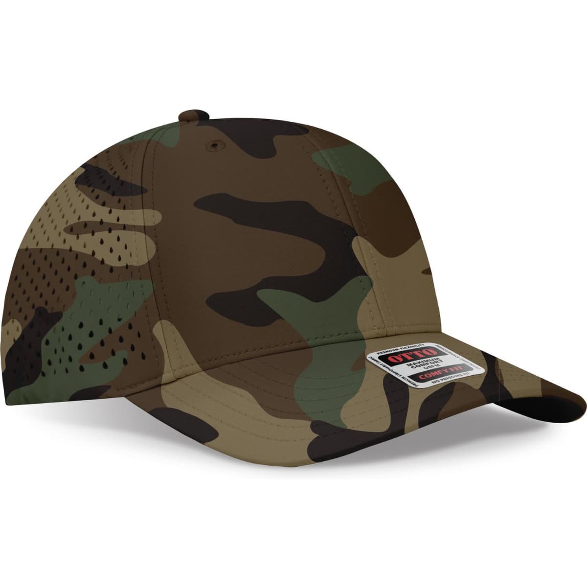 A camouflage perforated baseball cap with a mid-profile design and an adjustable fit, featuring a logo.
