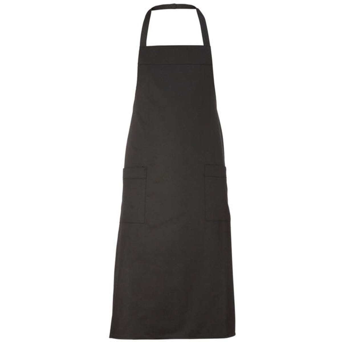A black apron with a neck strap and two front pockets, featuring a logo or branding.