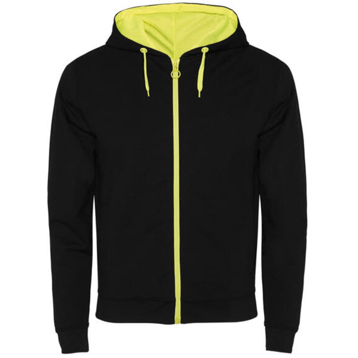 A black hooded sweatshirt with a bright yellow interior and zipper. It features drawstrings and has a logo on it.