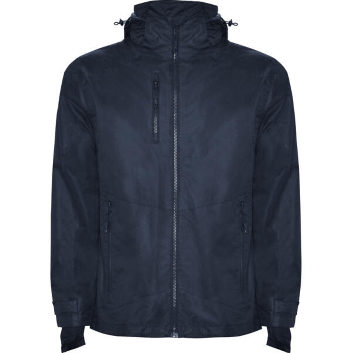 A navy blue parka jacket featuring a zip front, adjustable hood, and pockets, with a branded logo on it.