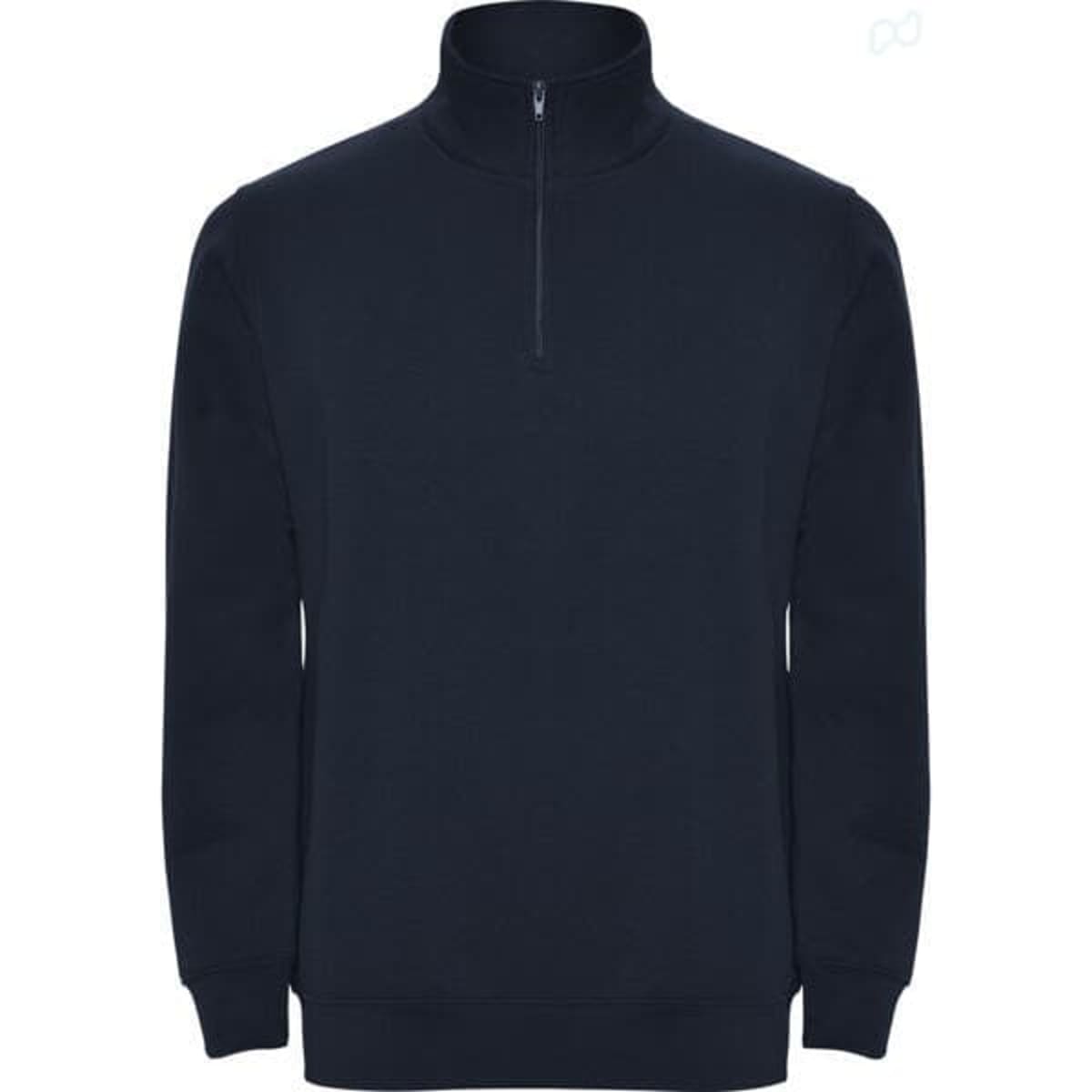 A navy blue half zip sweatshirt with long sleeves and a high collar, featuring a small zip at the neck and a logo.