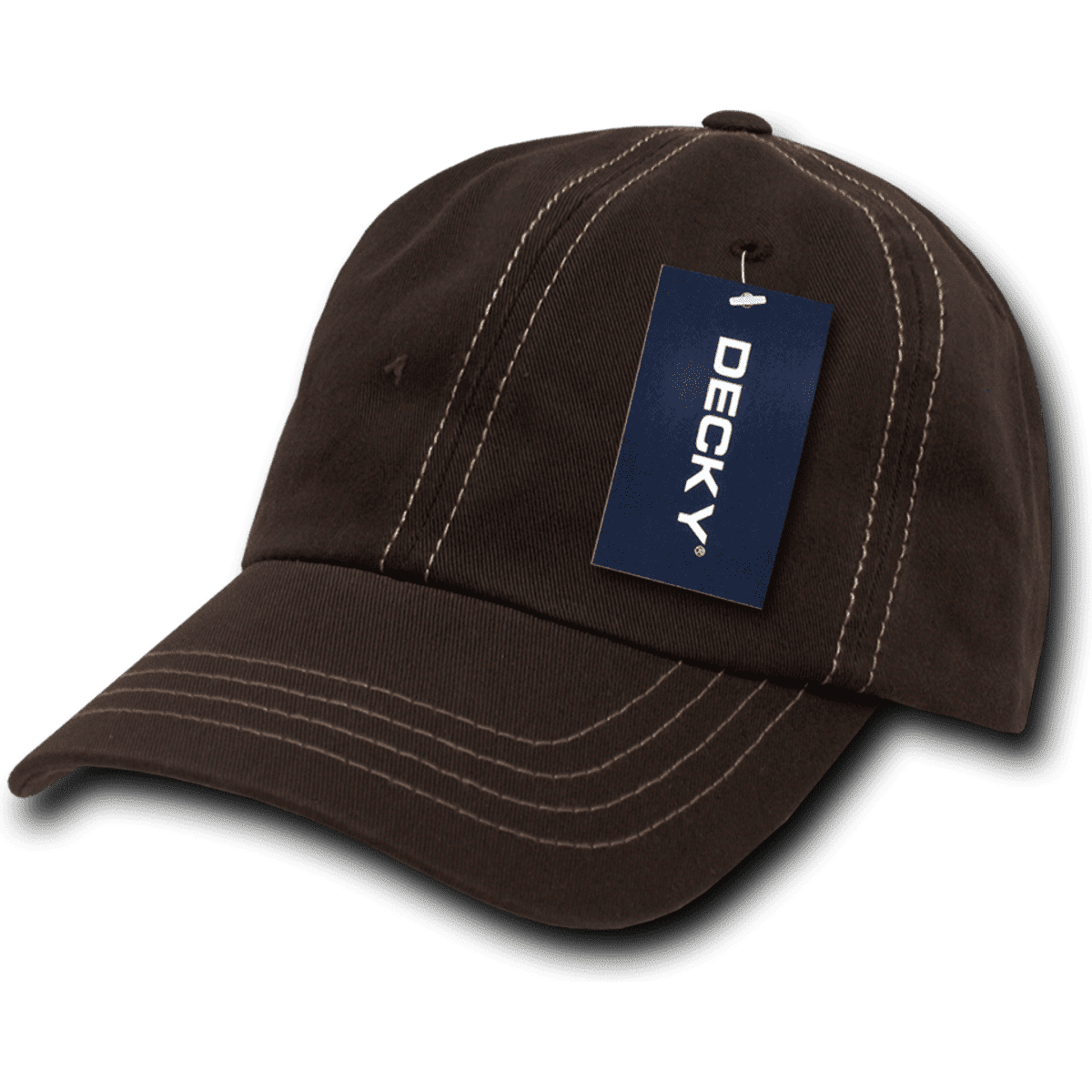 A brown, low profile, relaxed dad hat with contrasting stitching and a tag featuring a logo.