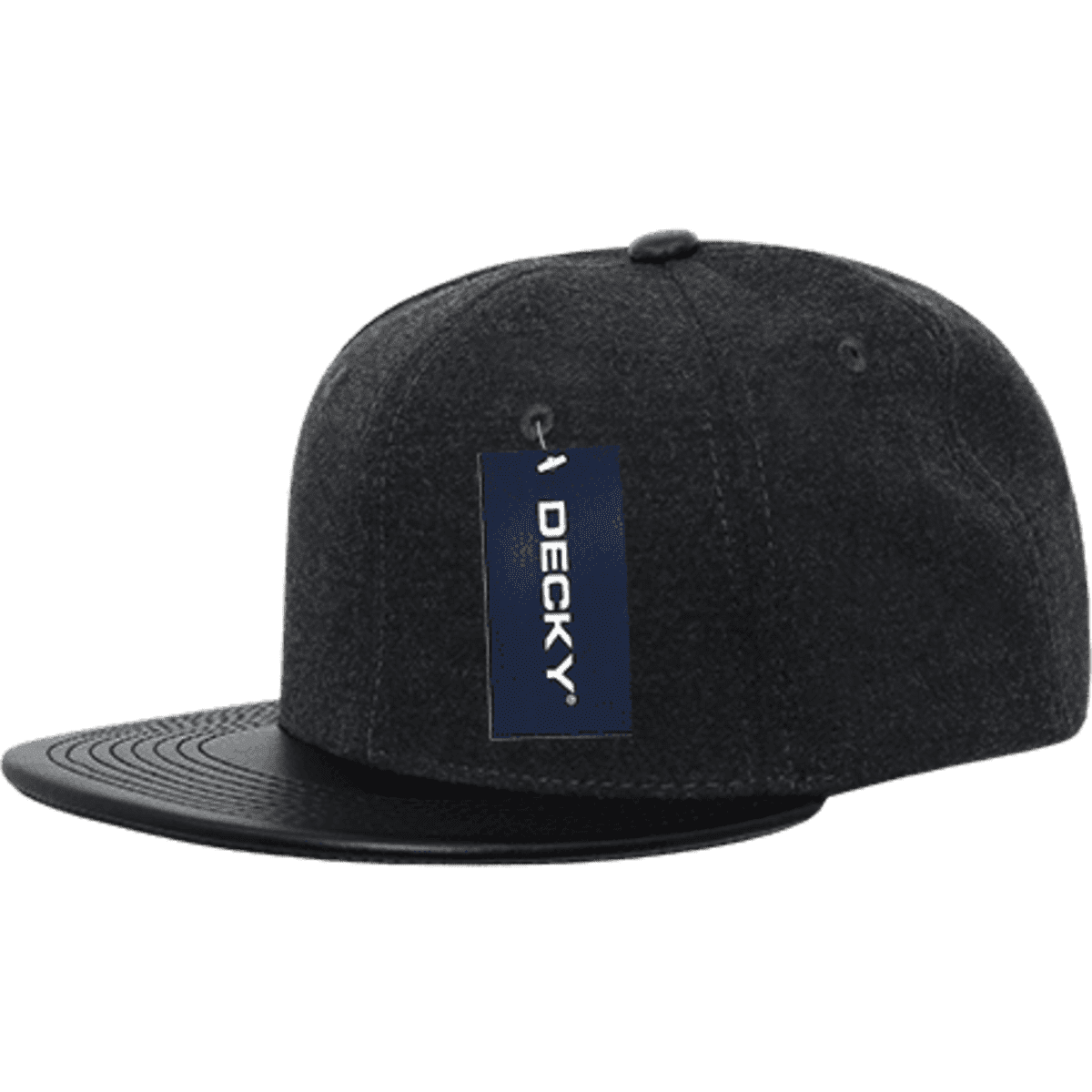 A black Melton snapback cap with a structured high profile and a branded tag on the side.