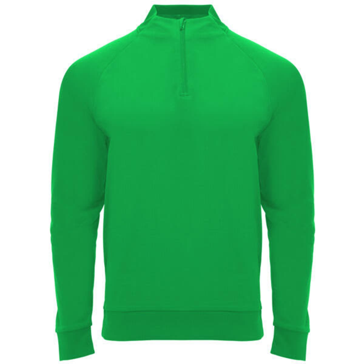 A green half zip sweatshirt with long sleeves, featuring a sleek design and a logo.