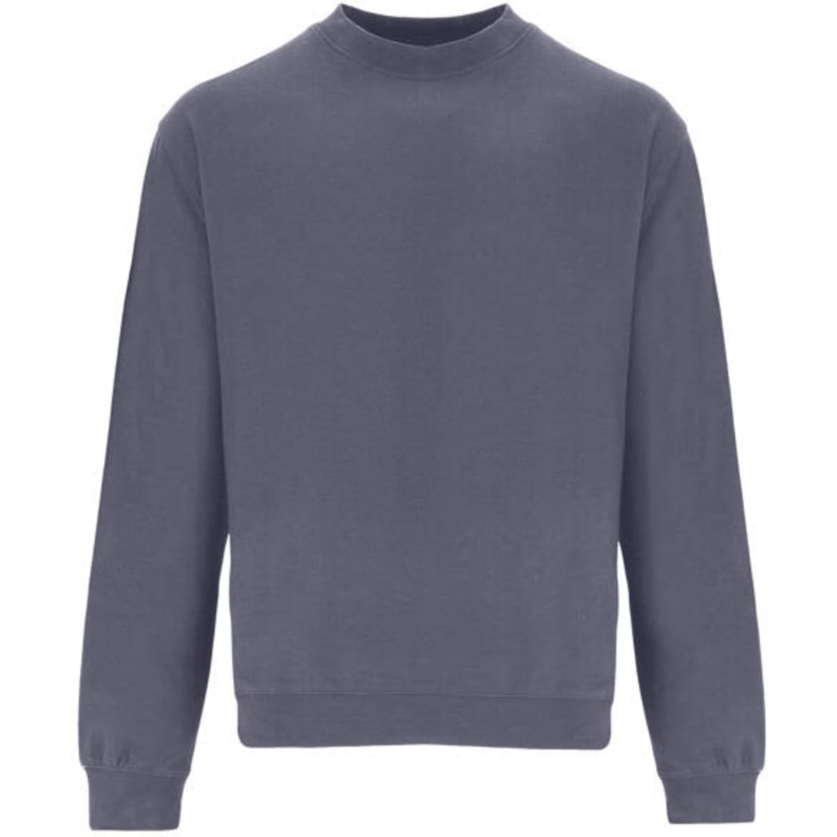A grey sweatshirt with long sleeves and a round neck, featuring a simple design and a logo.