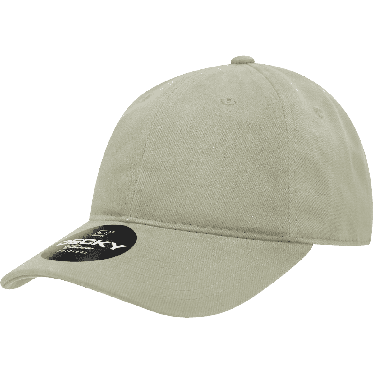 A relaxed low profile dad hat in a light khaki colour with a logo on the front.