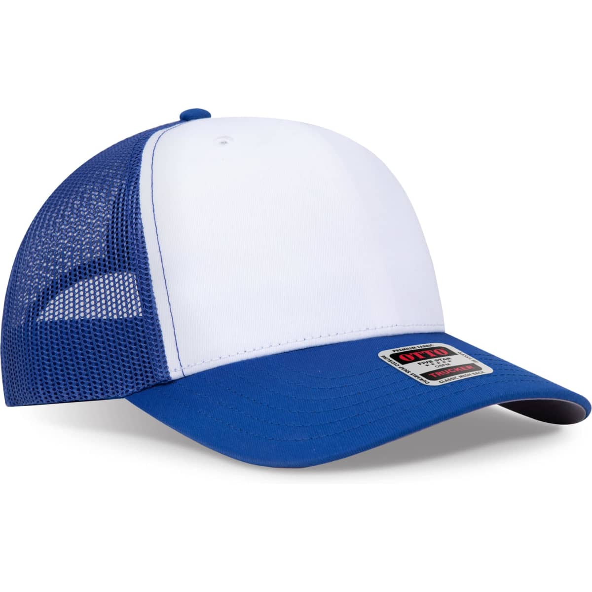 A blue and white trucker cap with a mid-profile design and mesh backing, featuring a logo on the front.