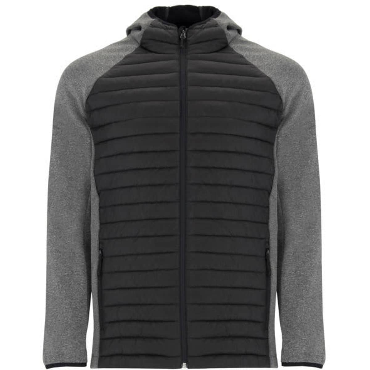 A black and grey zip-up jacket with a hood, featuring a textured design on the front and smooth fabric on the sleeves.