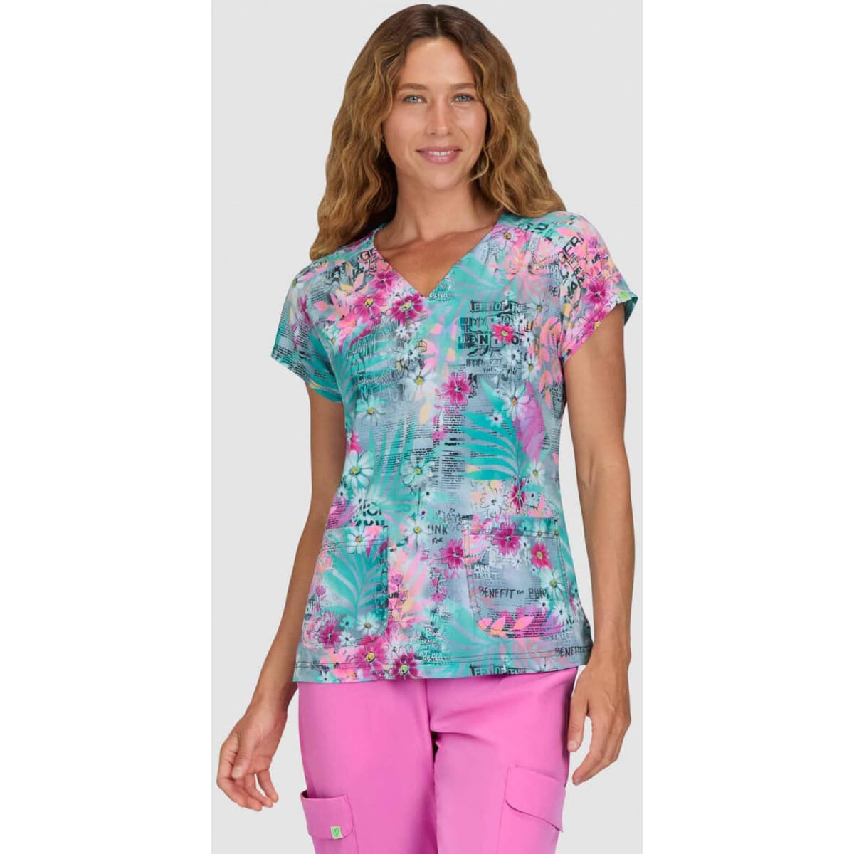 A floral print top in shades of green, pink, and blue, featuring a V-neck and short sleeves.