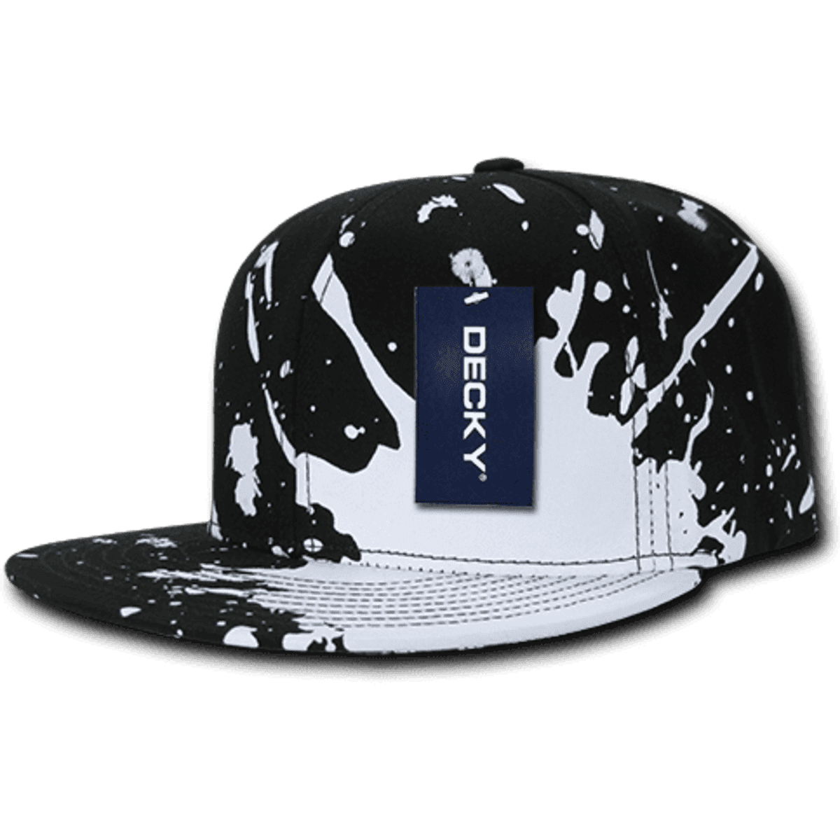 A black and white splattered snapback cap featuring a structured high profile design and a logo patch.