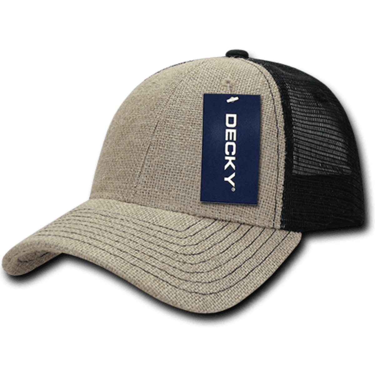A jute trucker cap featuring a low profile design with a beige front and black mesh back, complete with a logo tag.