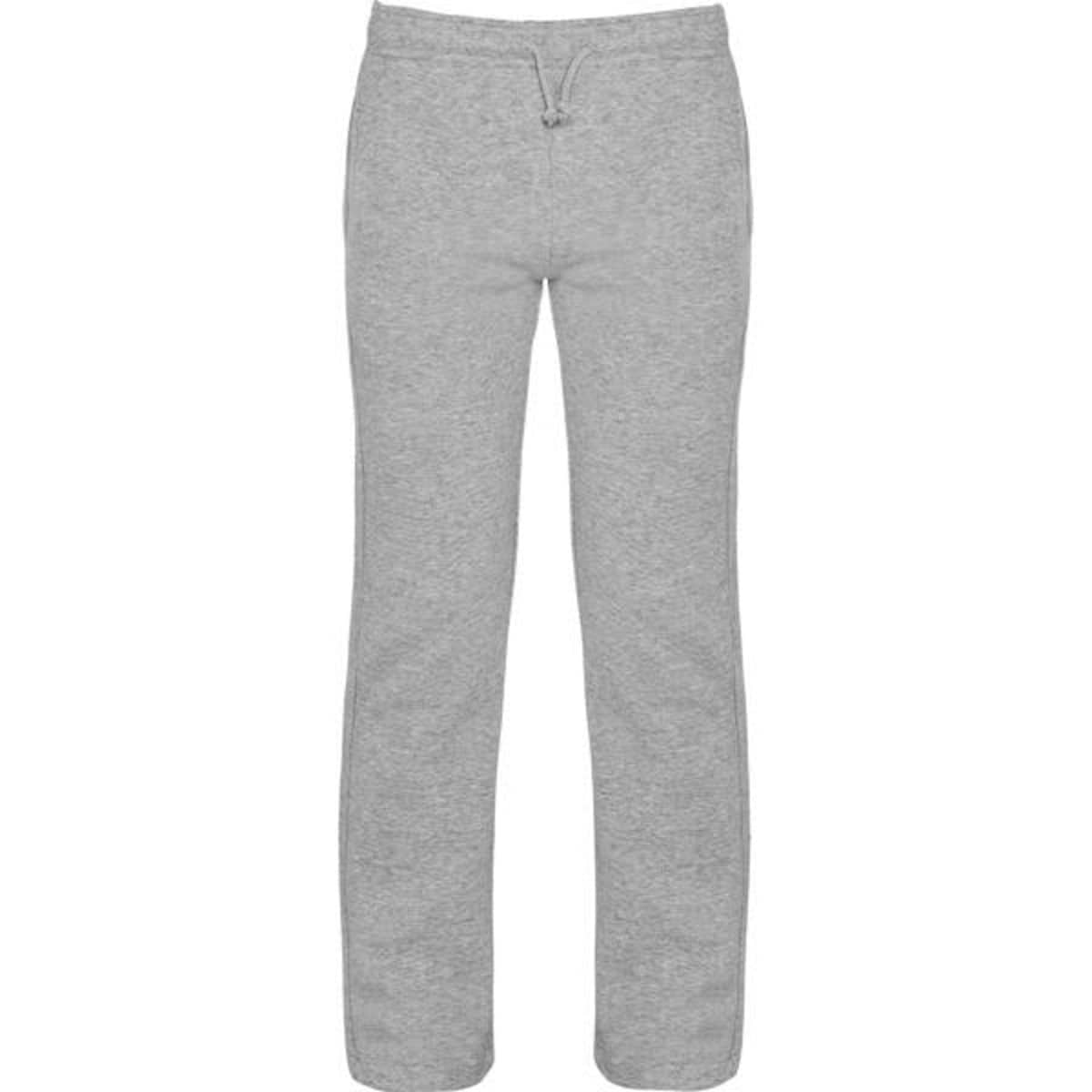 Grey track pants with a drawstring waistband and a logo on the side. Suitable for casual wear and relaxation.