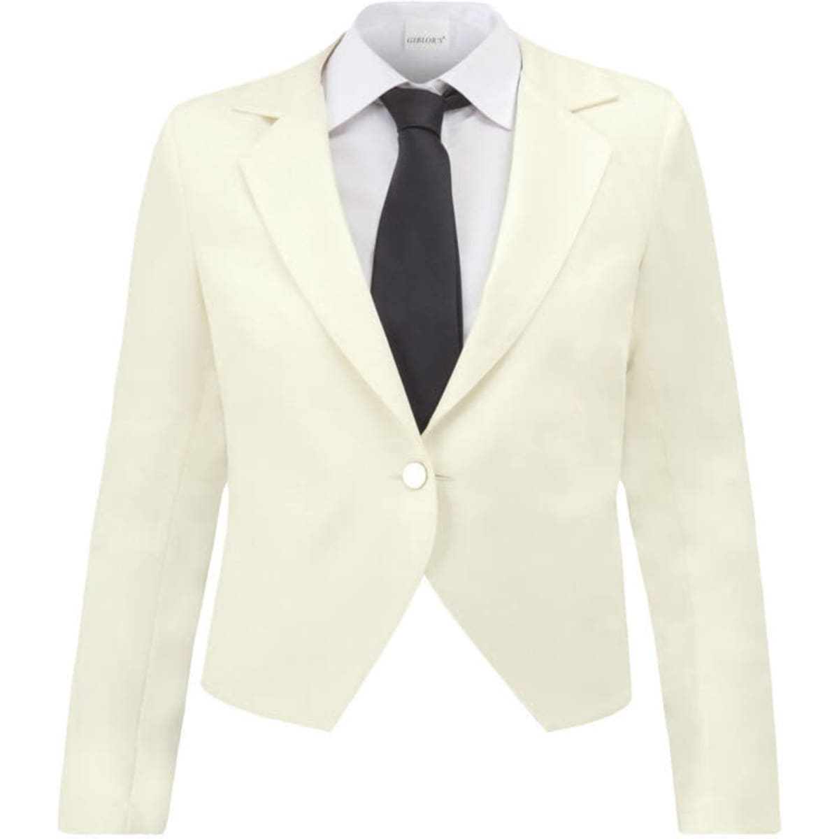 A cream Ilenia Waist Jacket displayed with an attached shirt and black tie. The jacket features a single button.