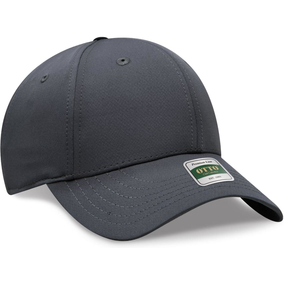 A grey six-panel low profile cap with a logo on the front. Ideal for casual headwear.