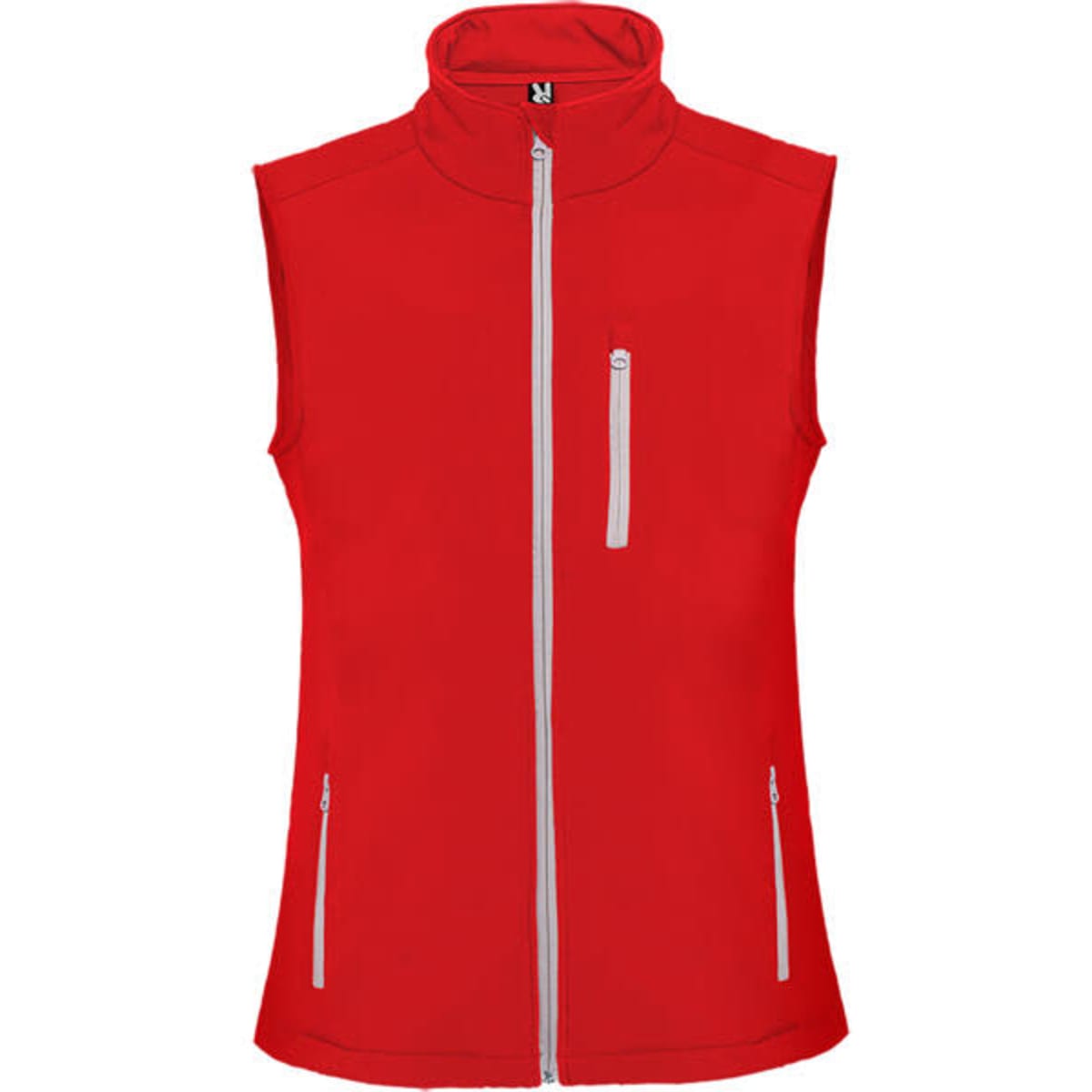 A red vest with a high collar and zippered front. It features two side pockets and one chest pocket.