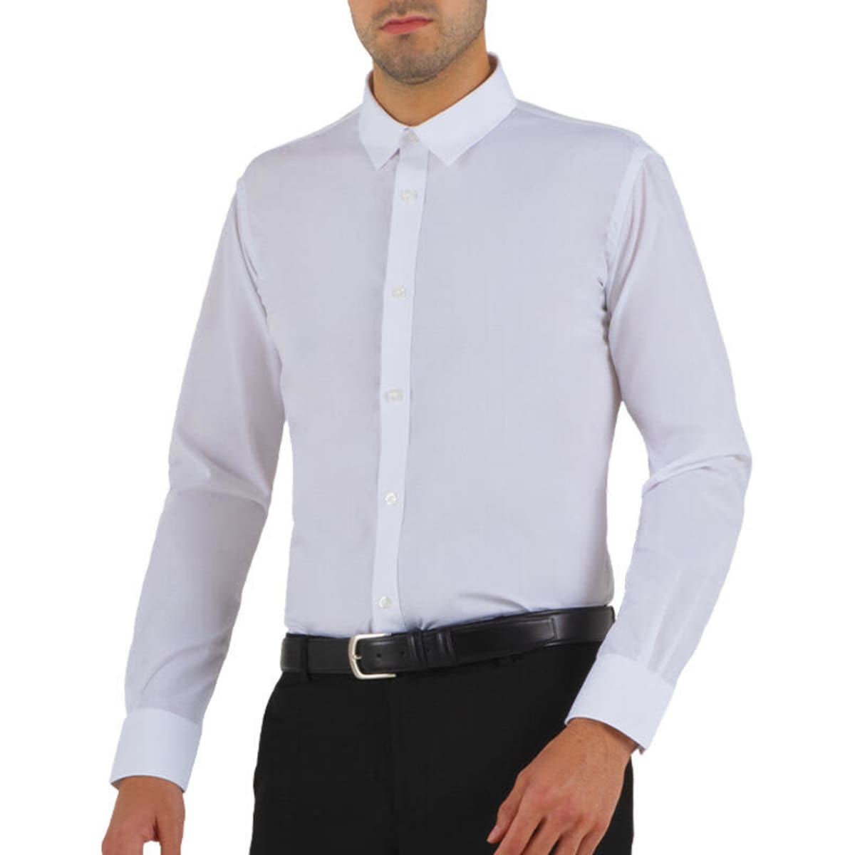 A white long sleeve shirt with a collar, featuring buttons and worn with black trousers and a belt.