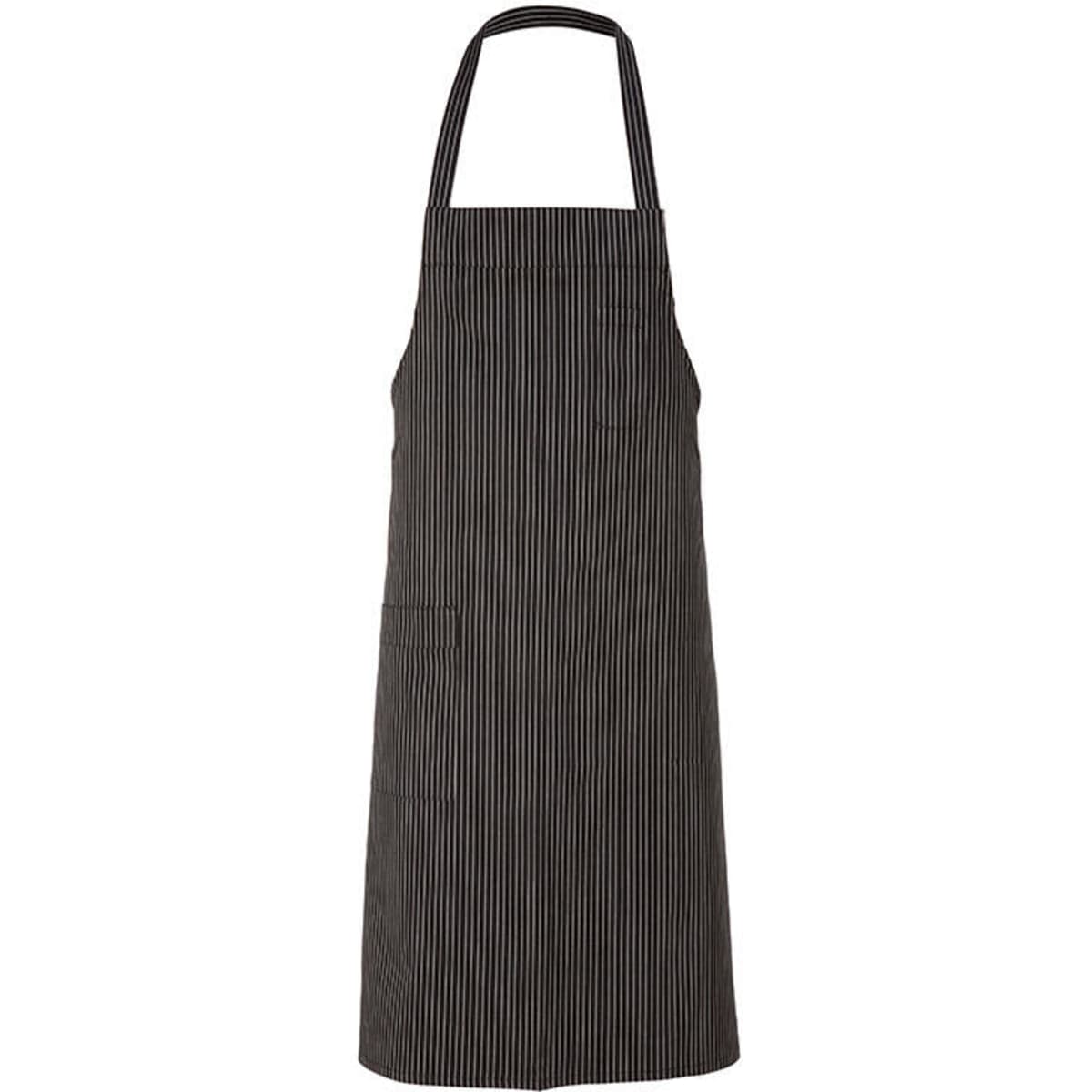 A black and white striped apron with a single pocket and a neck loop. The product features a logo.