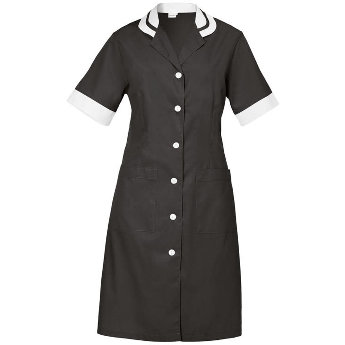 A dark grey dress with short sleeves, white cuffs, a collar, and buttons down the front. It has two pockets.