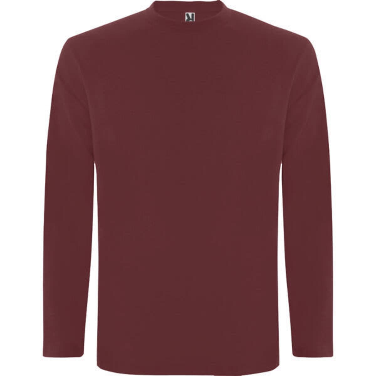 A maroon long-sleeved t-shirt with a crew neck and a small logo on the collar.