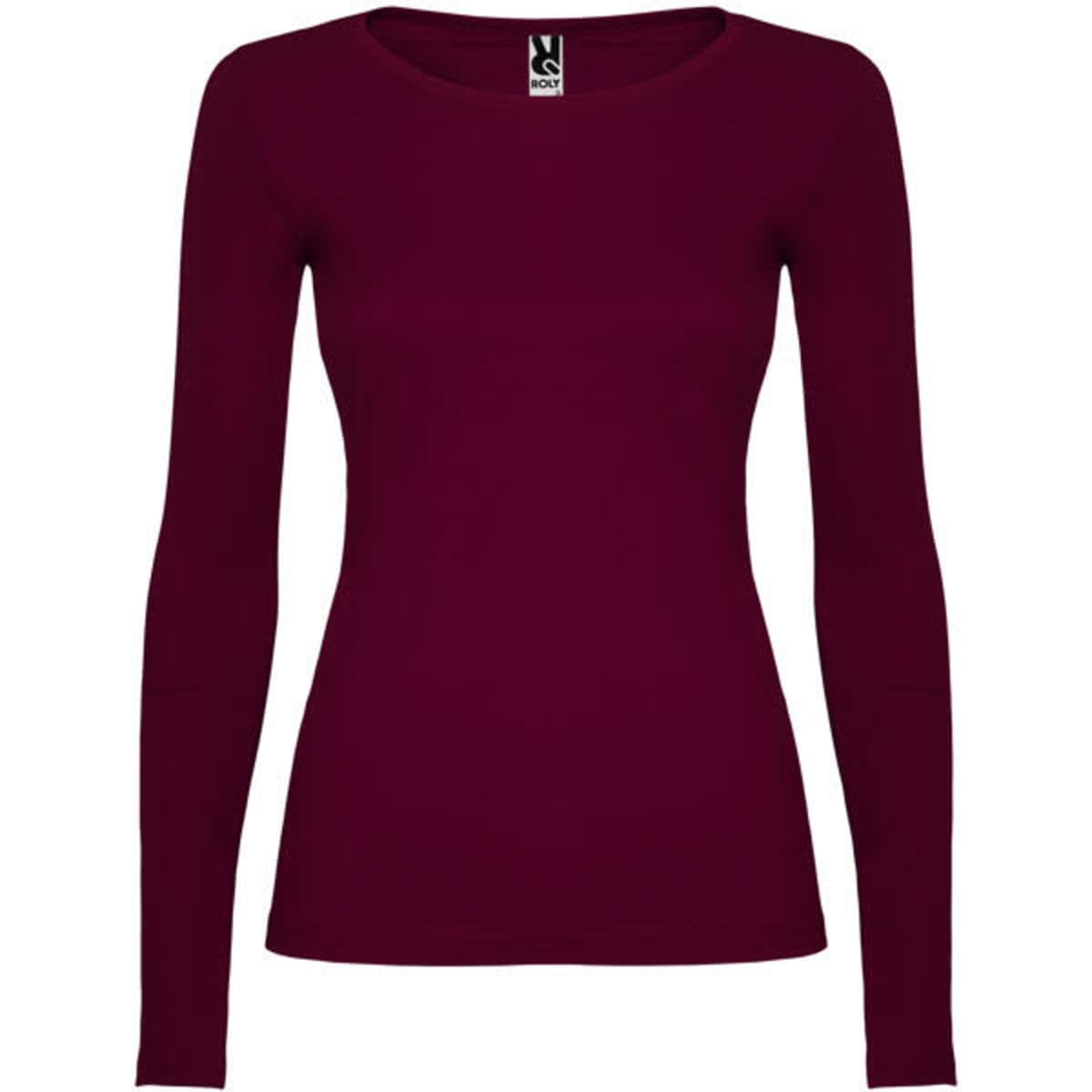 A long-sleeved women's t-shirt in burgundy with a fitted design and a tag.