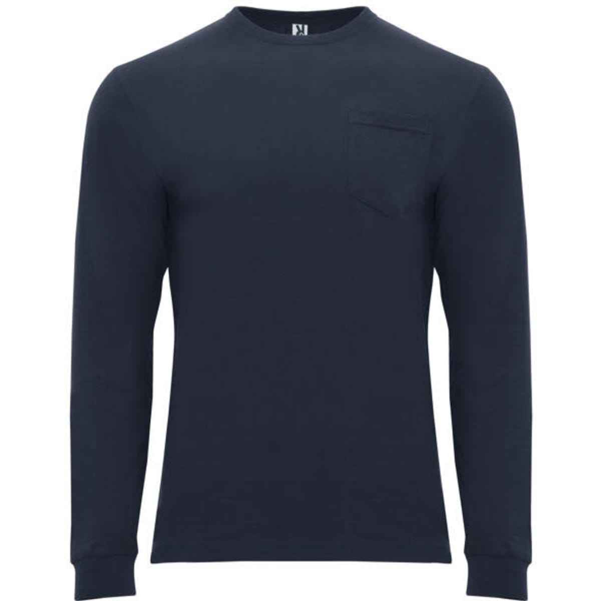A navy long-sleeved T-shirt featuring a pocket and a logo on the collar.