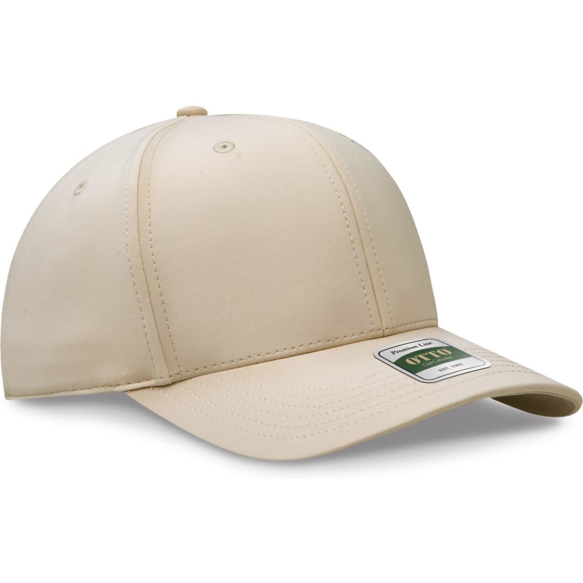 A beige 5-panel cap with a curved peak and a logo on the front. Ideal for casual wear.