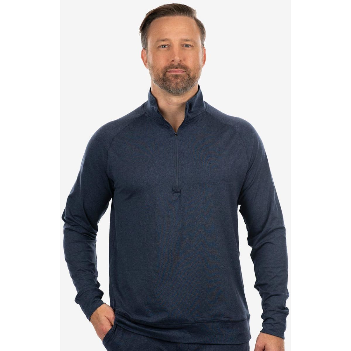 A navy soft jersey quarter zip top with a zippered collar and long sleeves, featuring a logo on the chest.