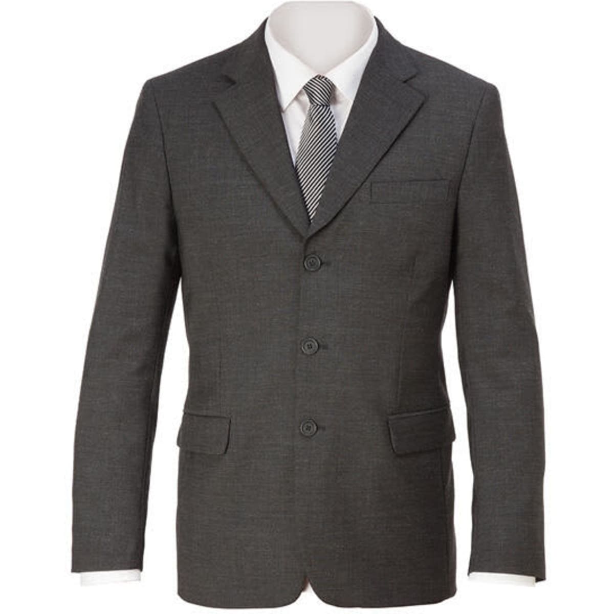 A grey Damiano jacket with a classic cut, featuring three buttons and two front pockets. It includes a dress shirt and tie.