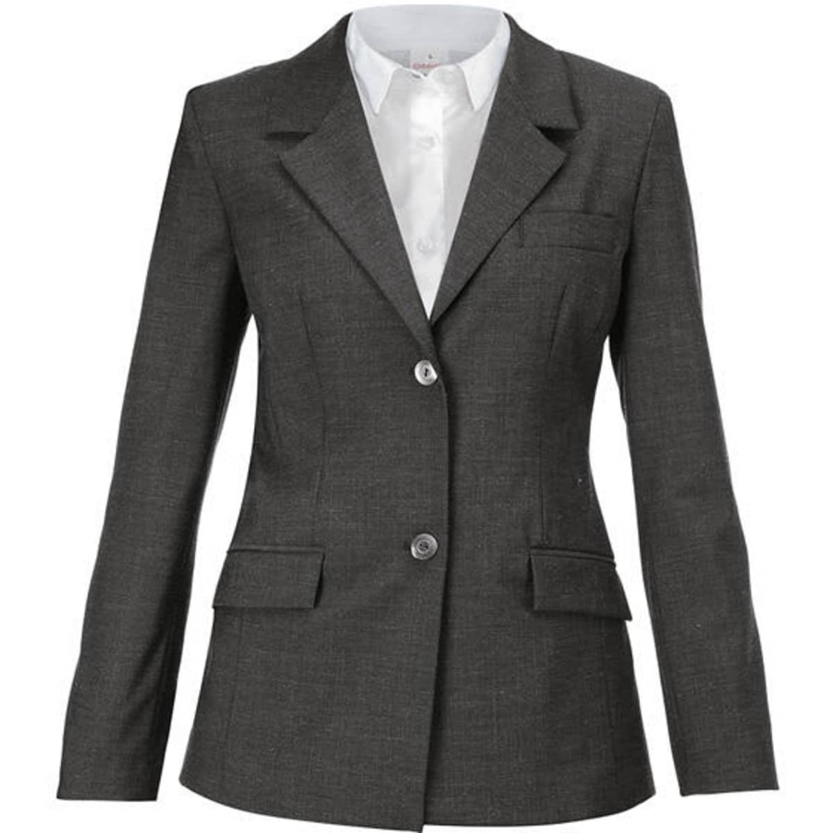 A dark grey women's jacket featuring a tailored design, single-breasted buttons, and a white collared shirt underneath.