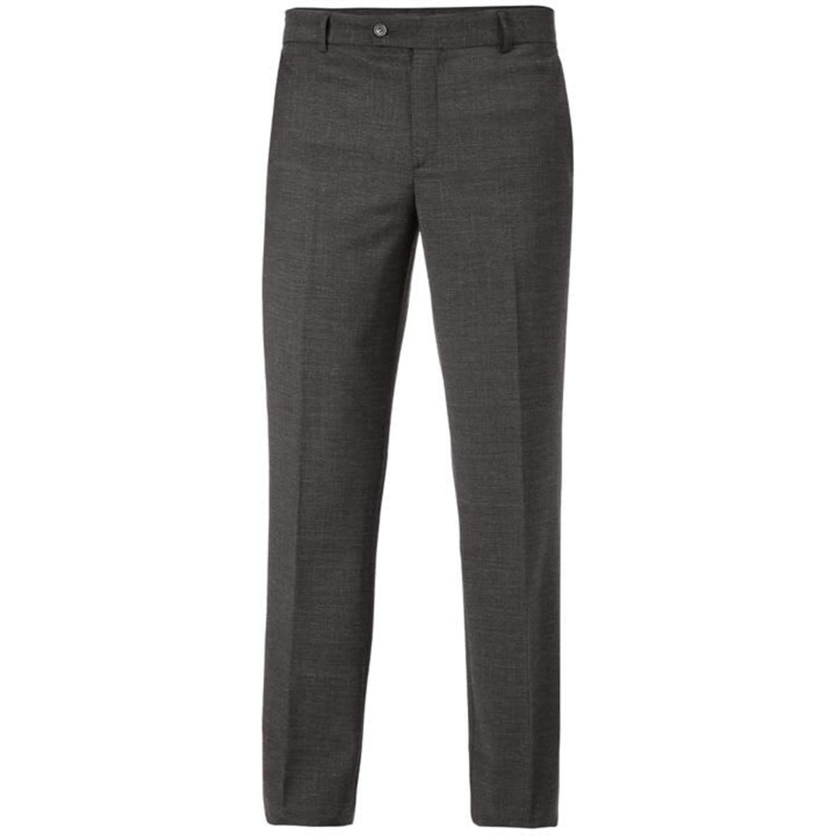 A pair of grey pants with a tailored fit, featuring a button and zipper closure. Includes a logo on the waistband.