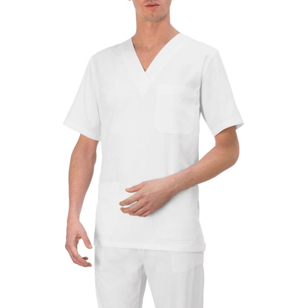 A white tunic with short sleeves and a V-neck, featuring a chest pocket and a plain design.
