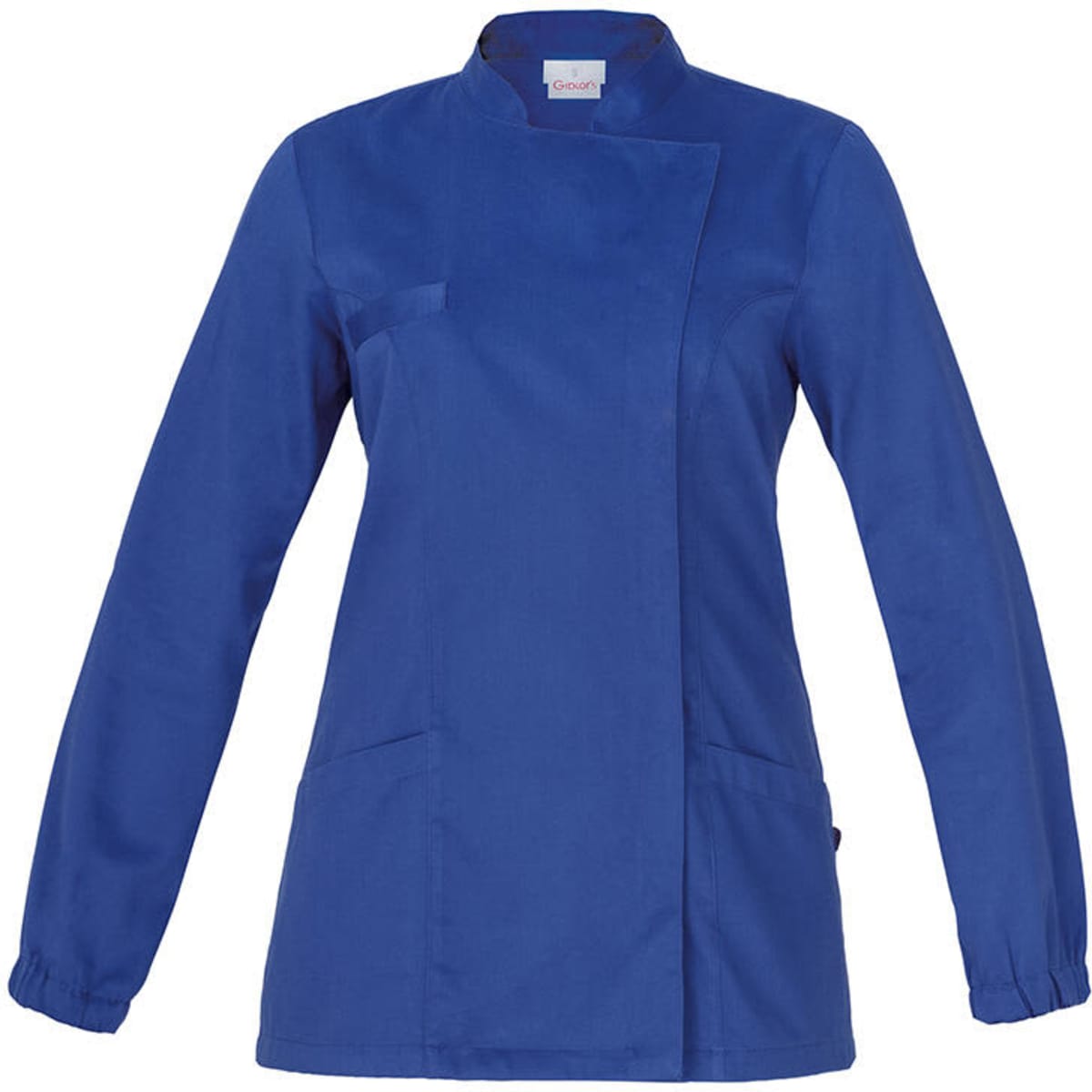 A blue Amanda Tunic with a mock wrap design, long sleeves, and two side pockets. It features a logo.