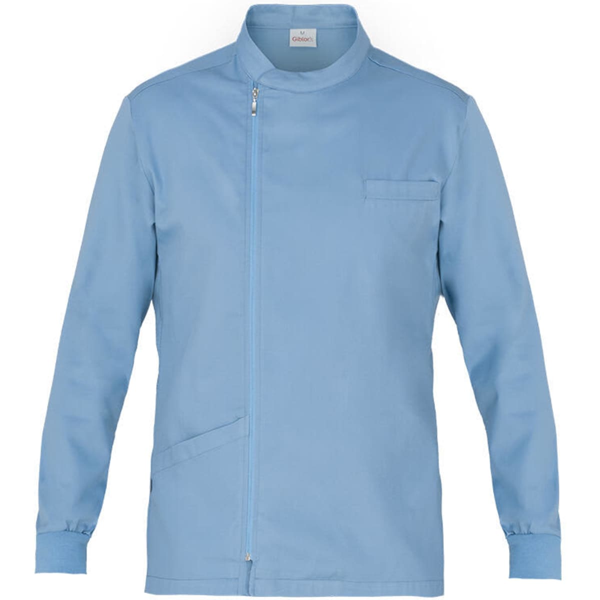 A light blue tunic with a zip front, a pocket on the chest, and long sleeves. It features a logo on the collar.