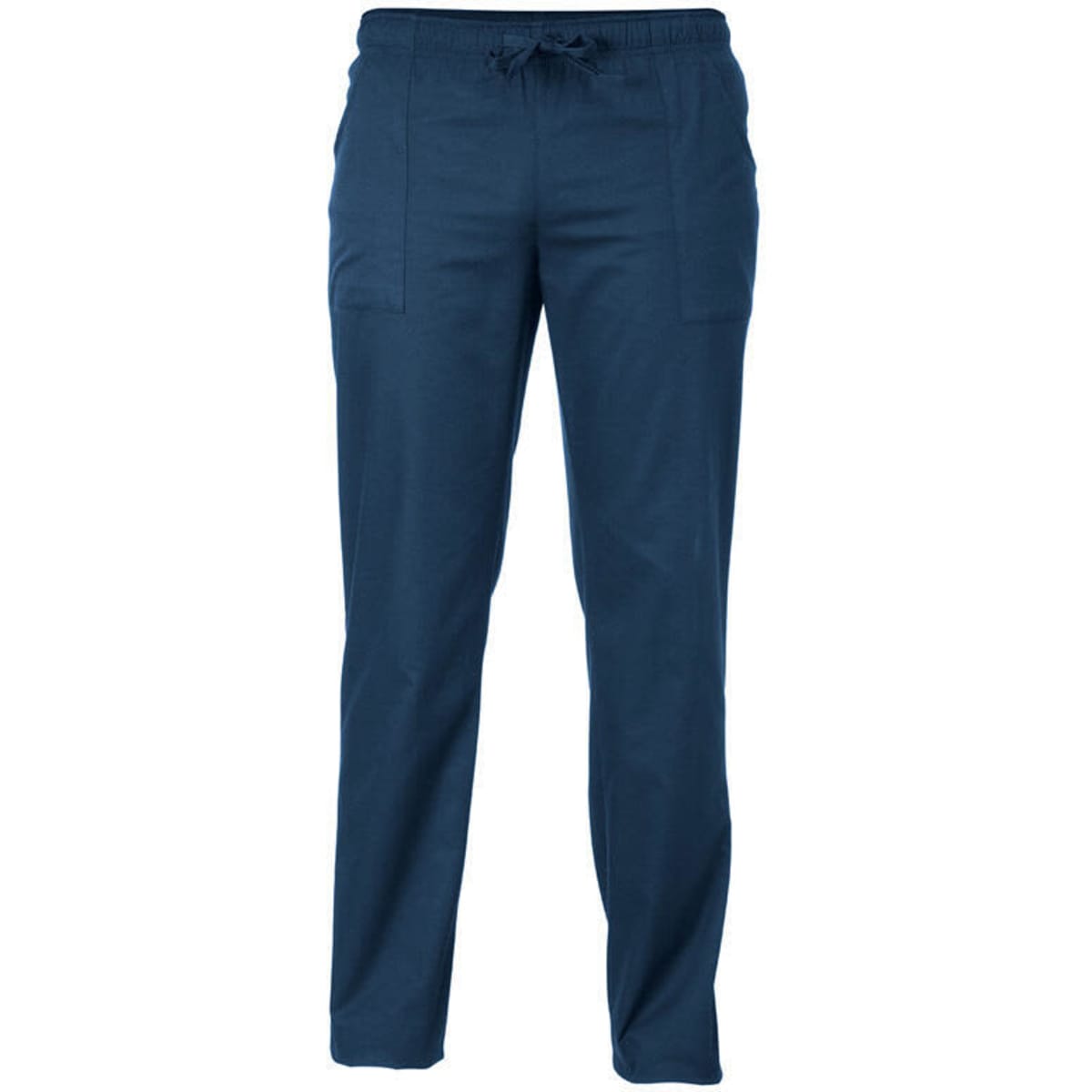 Navy blue pants featuring an elastic waistband and two front pockets. The product includes a logo.