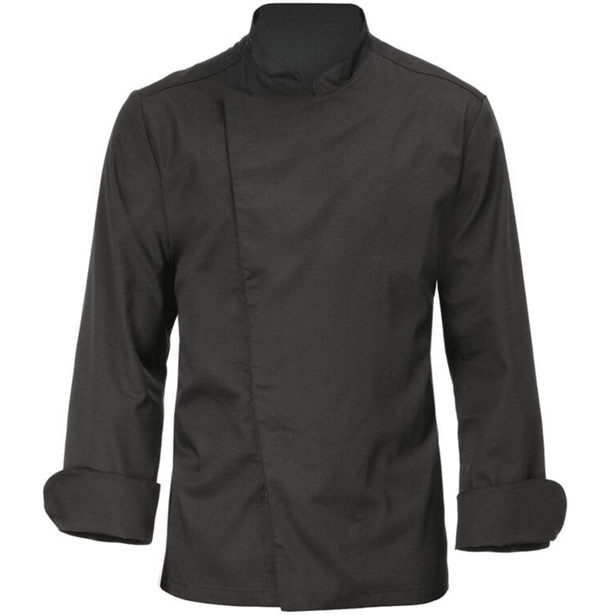 A black chef jacket with long sleeves and a folded collar, featuring a simple and stylish design.