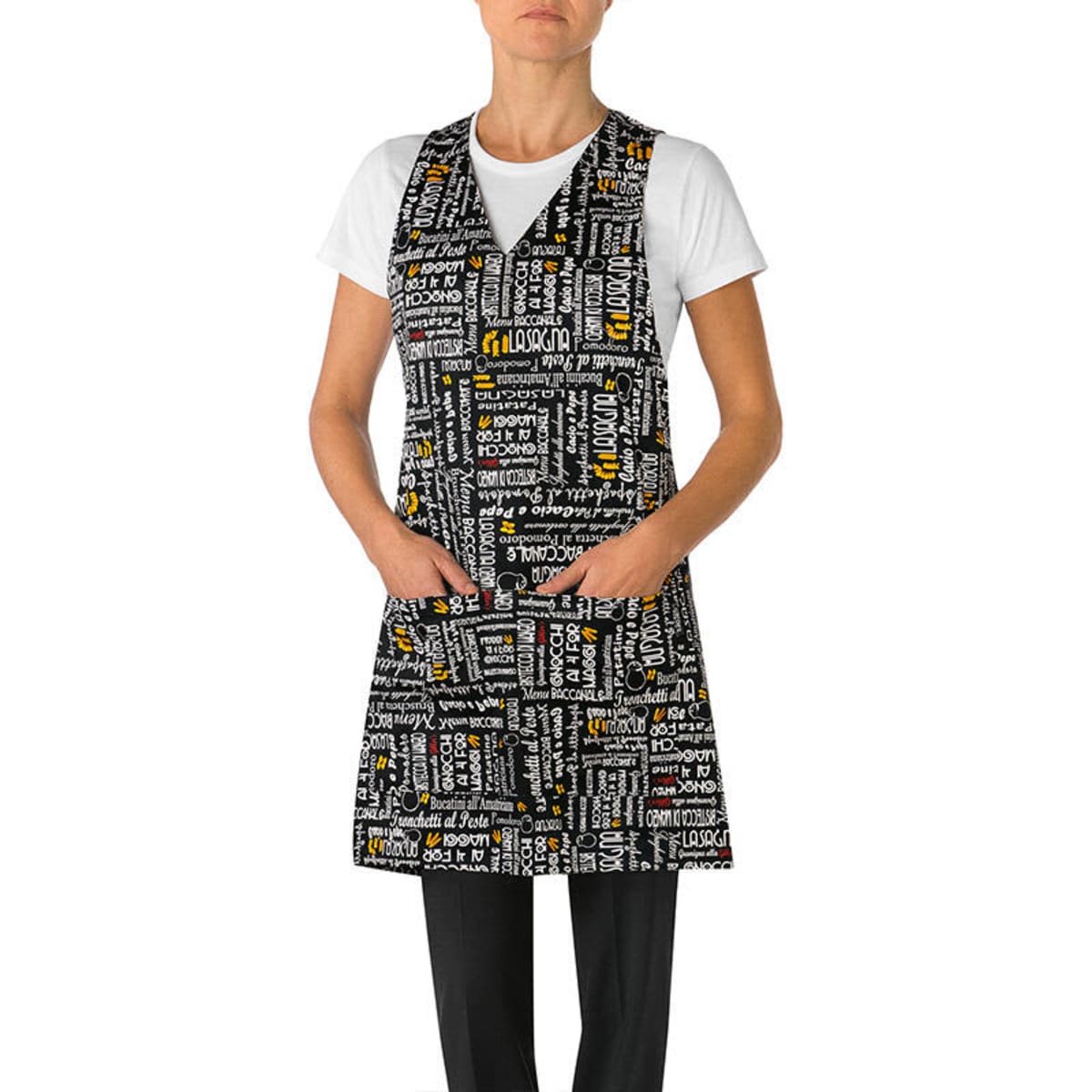 A black apron with various text patterns in white, yellow, and red, featuring pockets and worn by a model.