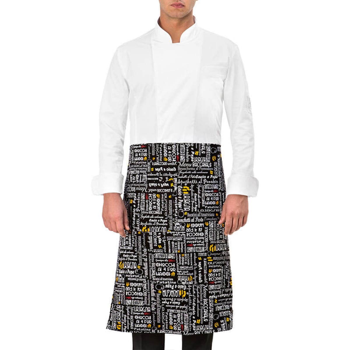 A white apron with a black lower section featuring various text patterns and a logo.