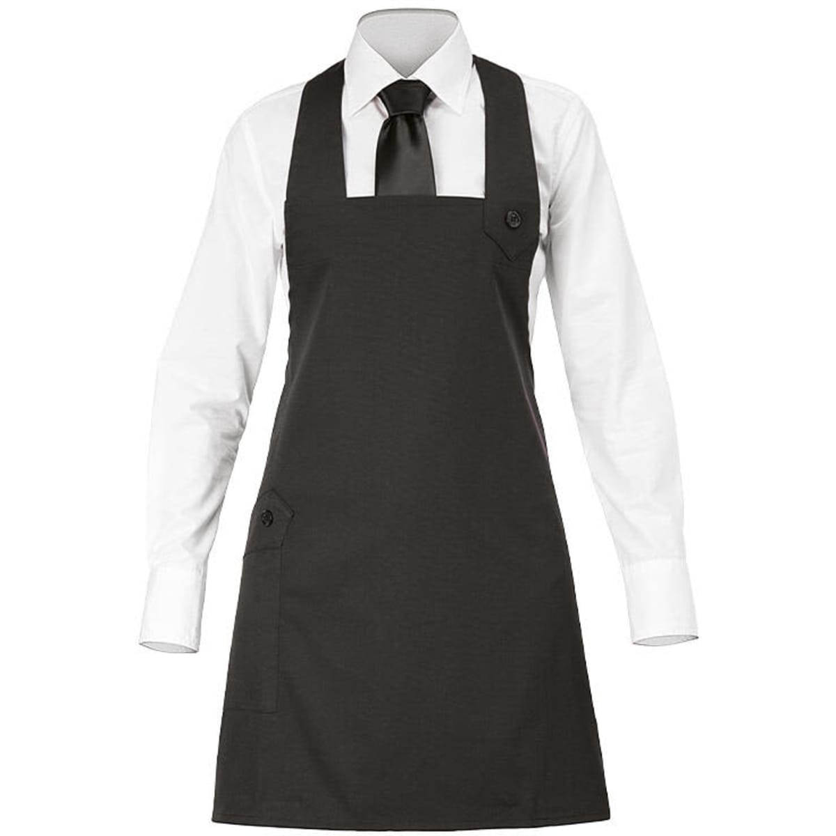 A dark grey apron worn over a white long-sleeve shirt and black tie, featuring a side pocket and a button detail.