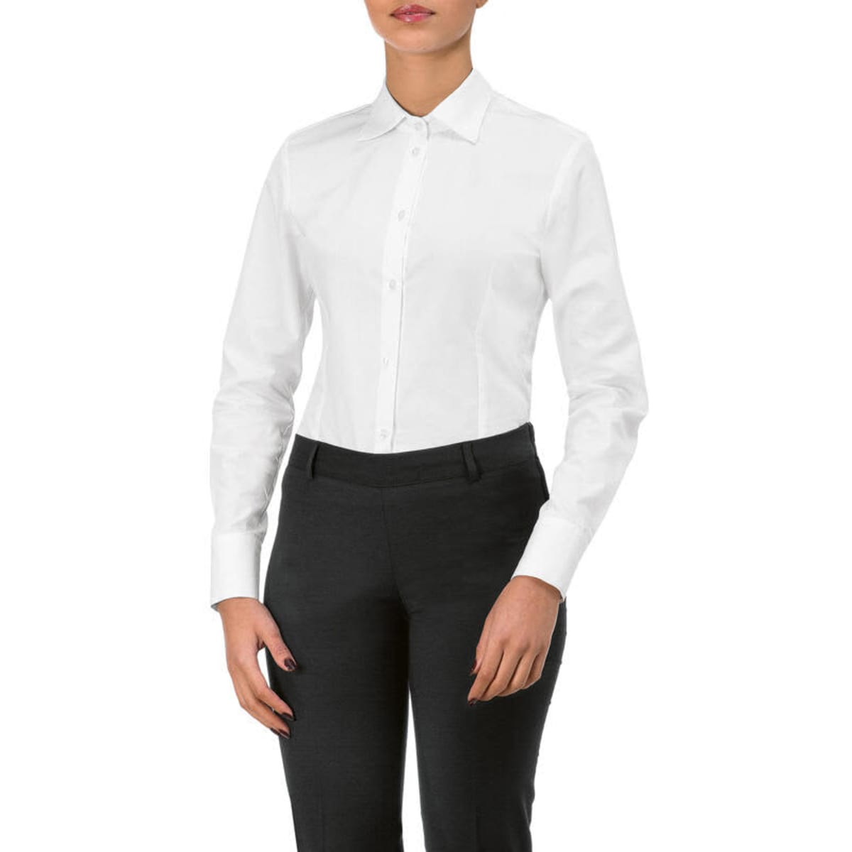 A white long-sleeve shirt with a collar, paired with black trousers. The model stands with hands at her sides.