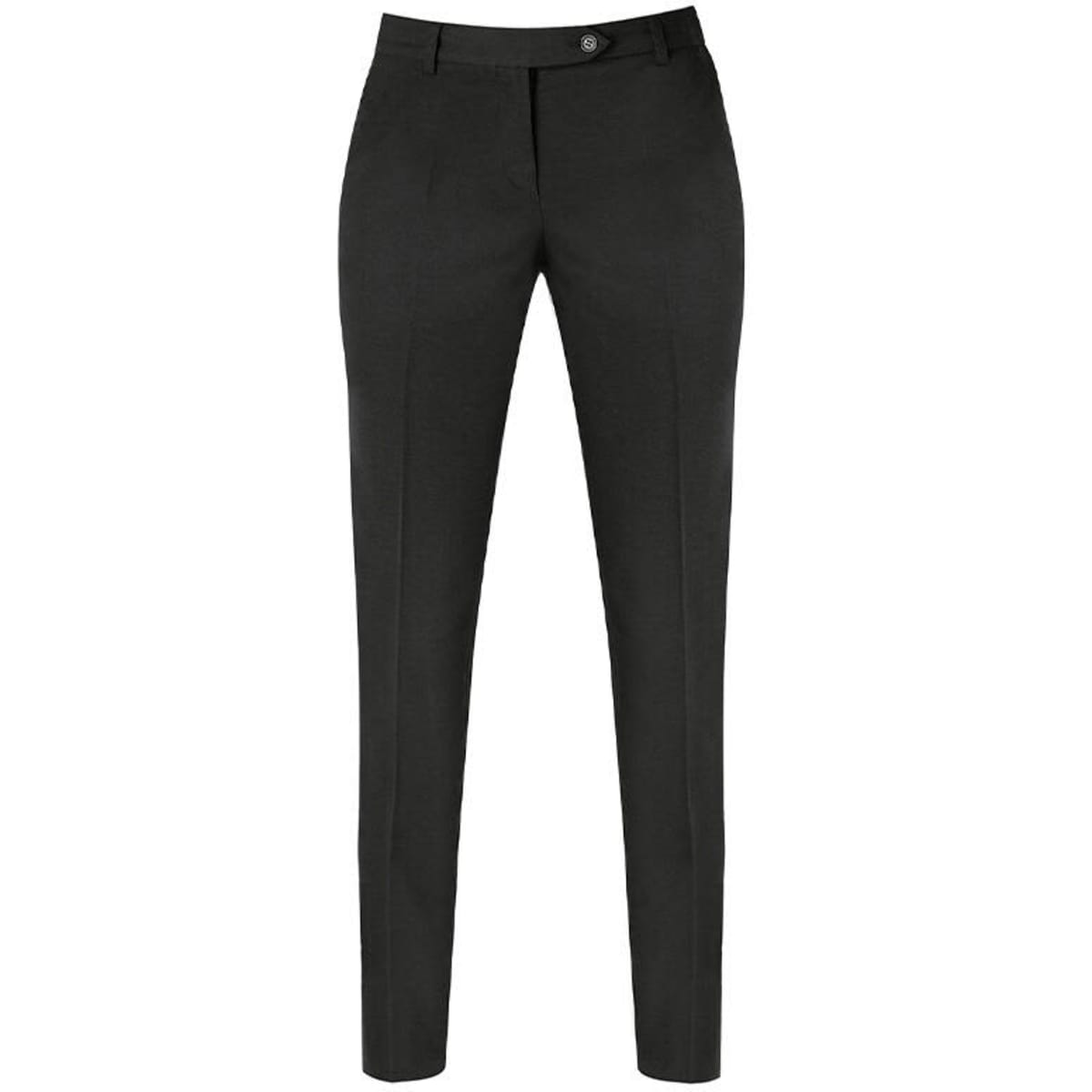 A pair of tailored black pants with a slim fit and a button closure. The design features front crease lines.