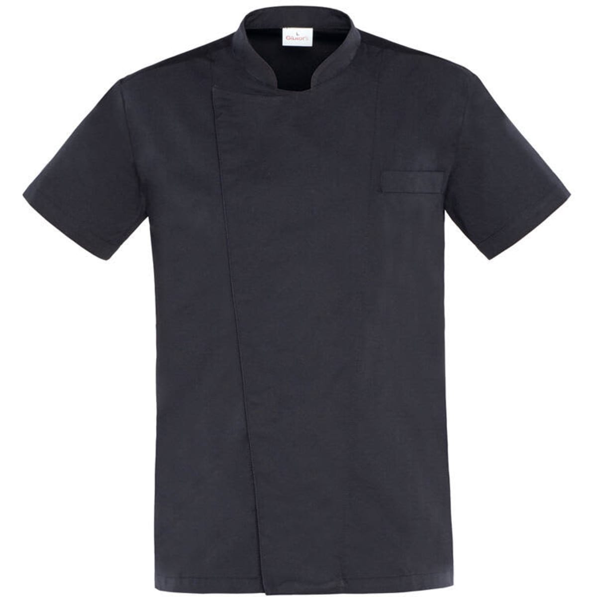 A short-sleeved jacket in black with a stylish crossover design and a chest pocket. It features a logo.