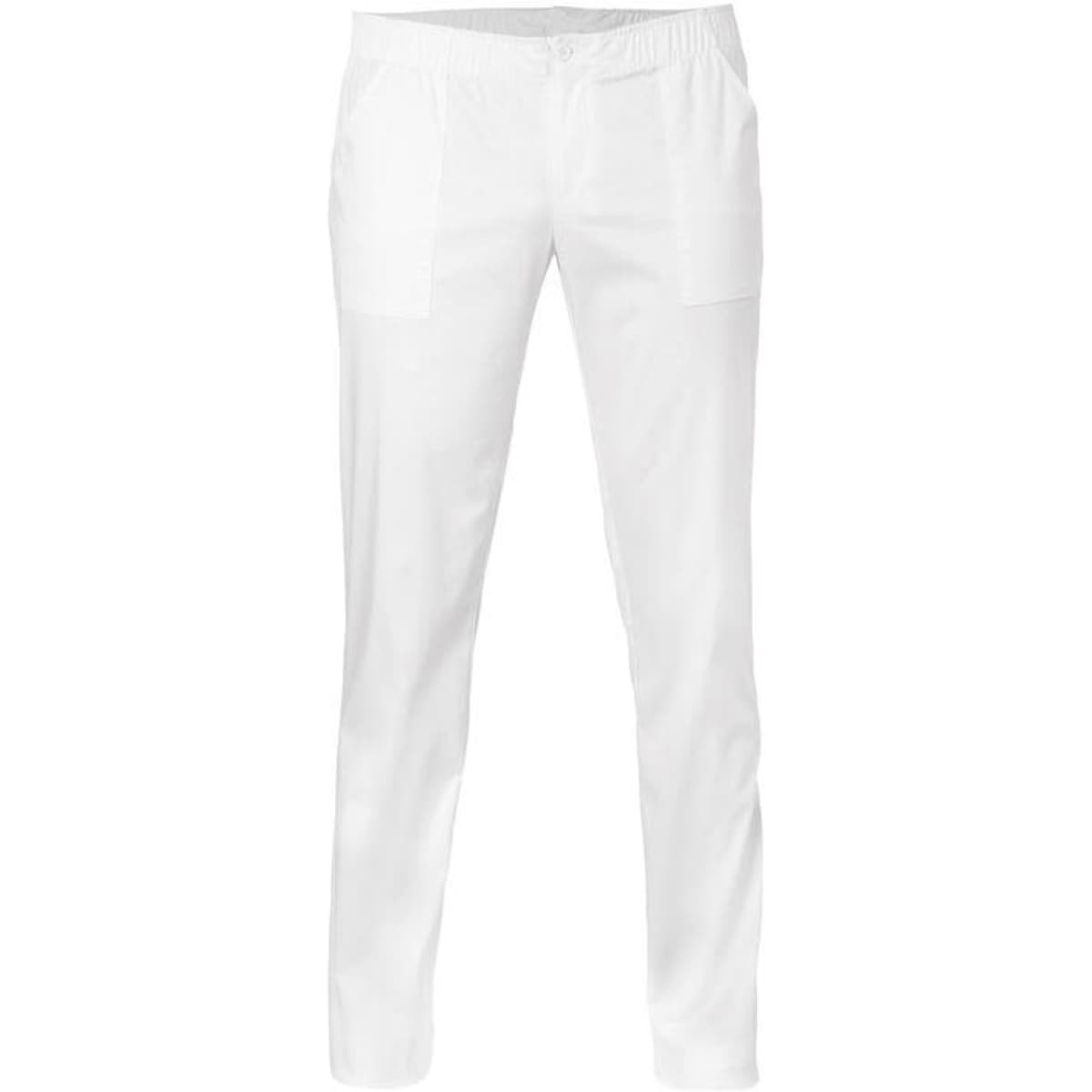 White pants with an elastic waistband and two front pockets, featuring a simple design and a logo.