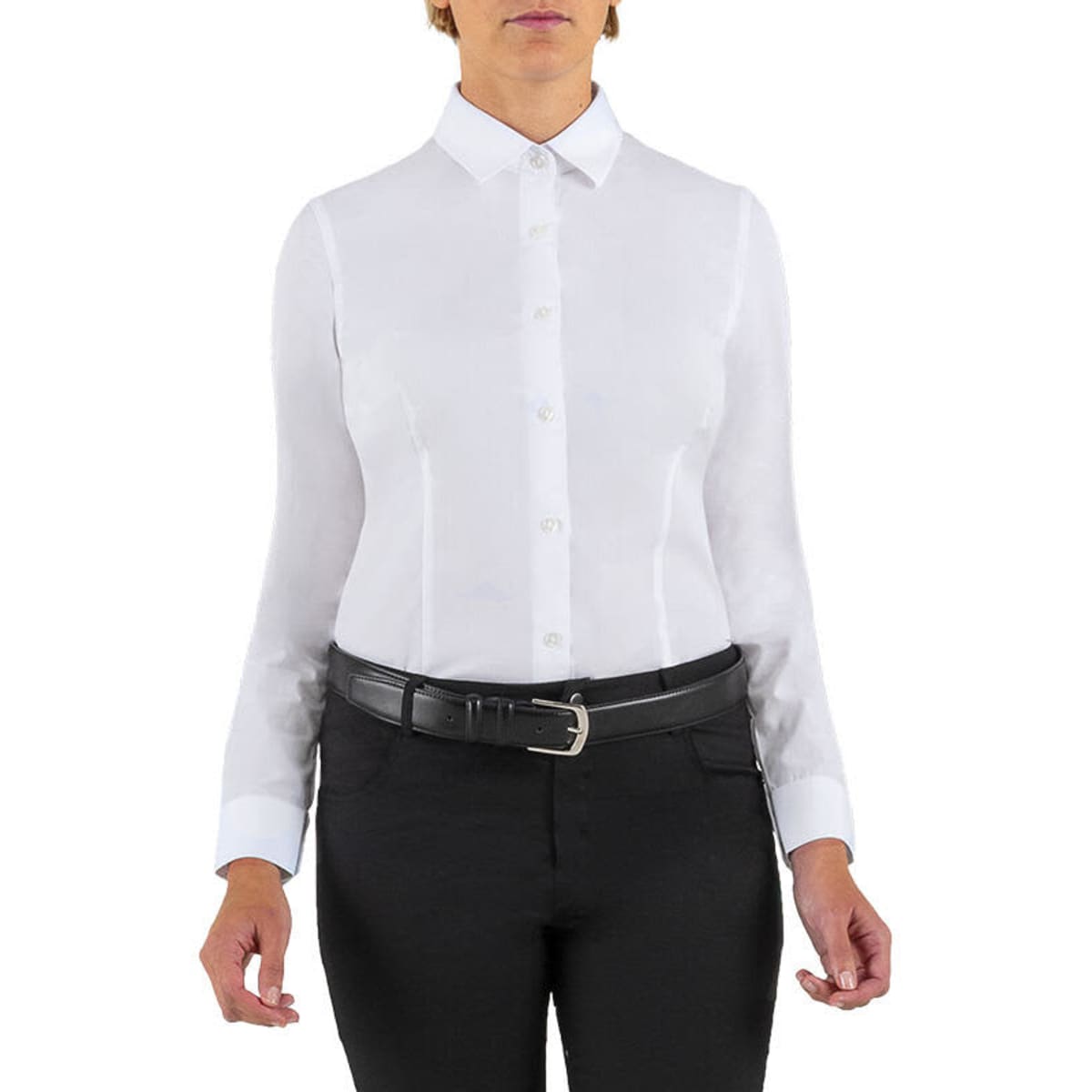 A white long sleeve shirt with a collar, featuring buttons and a black belt.