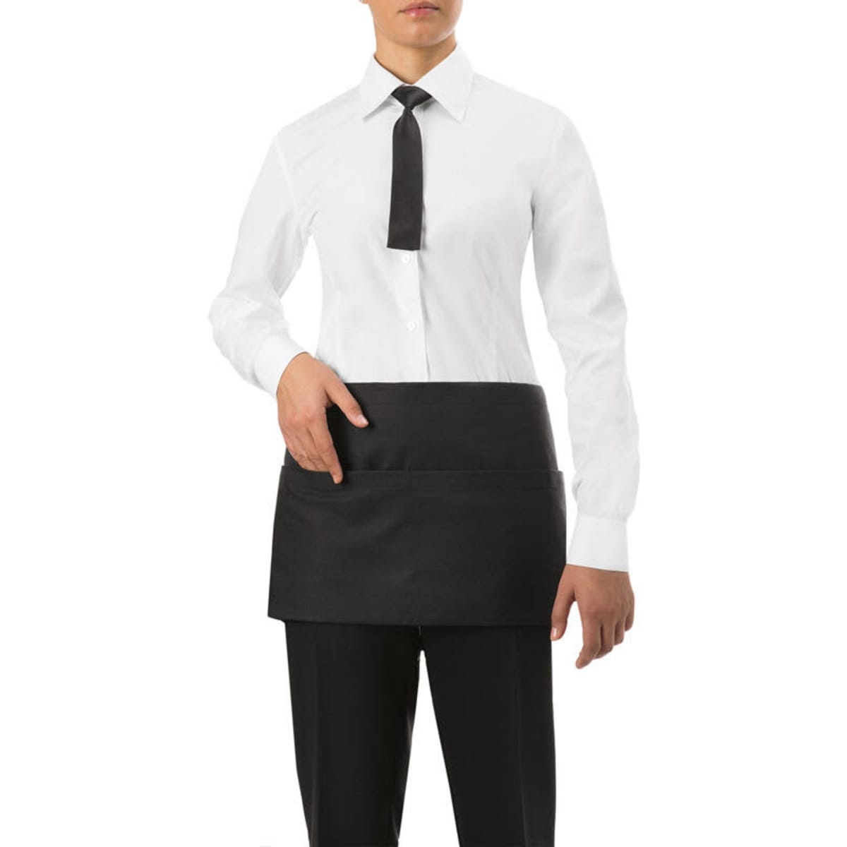 A black waist apron is worn by a person in a formal outfit, featuring a pocket and a stylish design.